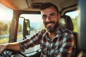 ai generado alegre camión conductor disfrutando el viaje, capturar el libertad de el abierto la carretera foto