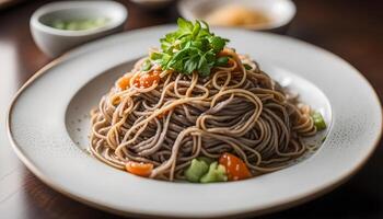 AI generated Soba noodles on plate, Japanese food photo