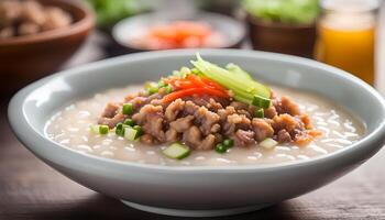 AI generated Congee with minced pork in bowl photo