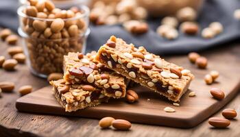 AI generated Granola bars on wooden table and peanuts photo