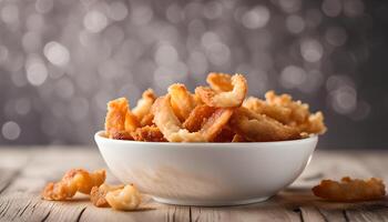 AI generated Pork rind, pork crackling in white bowl photo