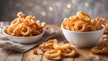 ai generado Cerdo corteza, Cerdo chicharrón en blanco cuenco foto