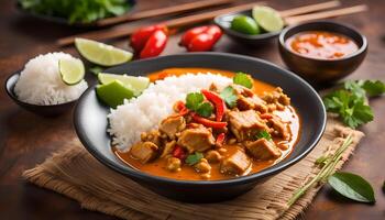 ai generado rojo curry con Cerdo y arroz , tailandés comida foto