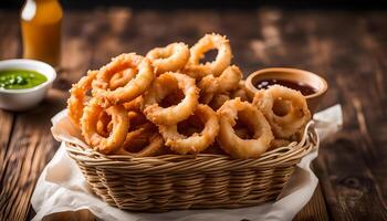 AI generated Fried calamari rings in wicker basket and dip sauce photo