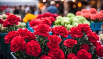 ai generado rojo clavel flores a el agricultores' mercado foto