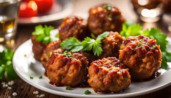 ai generado frito albóndigas en plato foto