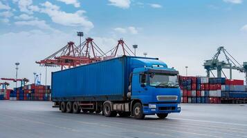 AI generated Truck trailer on the pier in the cargo port terminal with cranes and containers. AI Generated photo