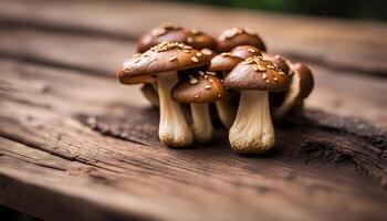 AI generated Shiitake mushroom on wooden table photo