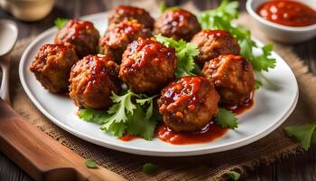 ai generado frito albóndigas en plato foto