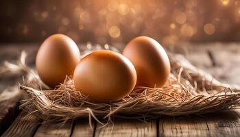 AI generated Brown chicken eggs on wooden table photo