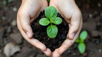 ai generado humano palmas sostener suelo con un verde pequeño planta como un concepto para negocio desarrollo. ai generado foto