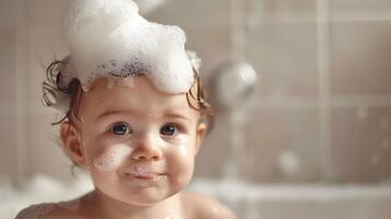 ai generado un linda pequeño niño con pequeño espuma en su cabeza. ai generado foto