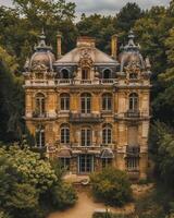 AI generated Stately Historical Mansion Nestled in Verdant Woods - Ideal for Period Dramas and Luxury Themes photo