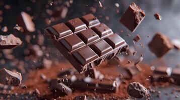 AI generated Sweet dark chocolate bar broken into pieces. AI Generated photo