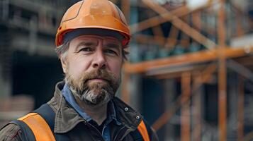 ai generado un hombre, un obrero, un constructor por profesión, en un uniforme y un casco. ai generado foto