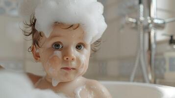 ai generado un linda pequeño niño con pequeño espuma en su cabeza. ai generado foto