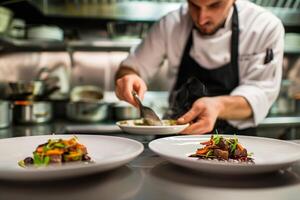 ai generado cocinero en acción enchapado carne de vaca plato con precisión en comercial cocina, Perfecto para culinario colegio y restaurante anuncios foto