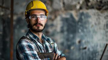 ai generado un hombre, un obrero, un constructor por profesión, en un uniforme y un casco. ai generado foto