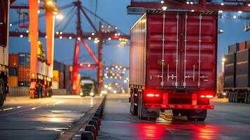 ai generado camión remolque en el muelle en el carga Puerto terminal con grúas y contenedores ai generado foto