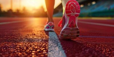 ai generado determinado corredor a puesta de sol en pista campo - un historia de atlético perseverancia y formación foto