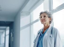 AI generated Confident Senior Female Doctor in Hospital Corridor Representing Healthcare Professionals photo