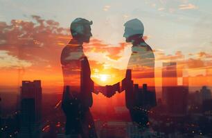 AI generated Business Partnership and Collaboration Concept with a Handshake Silhouette Over the Cityscape at Sunset photo