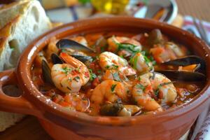 AI generated Zarzuela de Mariscos Sumptuous Seafood Stew from Spain Served in Traditional Earthenware photo