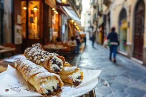 AI generated Cannoli Served on a Quaint Palermo Street - A Sicilian Pastry Delight photo