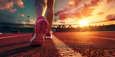 AI generated Determined Runner at Sunset on Track Field - A Story of Athletic Perseverance and Training photo