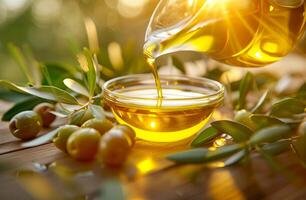 AI generated Pouring Golden Olive Oil into Glass Bowl Amidst Fresh Olives and Leaves photo