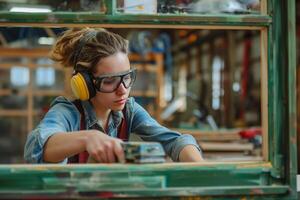 AI generated Focused Craftswoman Working with Wood in Workshop with Protection Gear photo