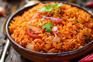 AI generated Aromatic Malian Jollof Rice Served in a Traditional Clay Pot photo