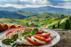 AI generated Caprese Salad with the Rolling Hills of Tuscany Behind - Fresh Italian Cuisine Al Fresco photo