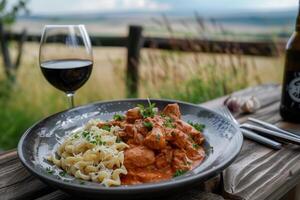 ai generado hecho en casa pollo paprikash con tallarines servido con rojo vino, Perfecto para culinario entusiastas y acogedor cenas foto