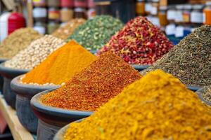 AI generated Colorful Array of Spices and Herbs at a Traditional Moroccan Market photo