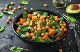 AI generated Fresh Vegan Spinach and Chickpea Salad with Avocado and Pumpkin - Healthy Eating Concept photo