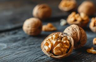 AI generated Textured Walnuts on Wooden Surface for Healthy Snacks and Cooking Ingredients photo