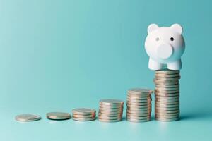 AI generated Piggy Bank Ascending on Stacked Coins Against a Serene Blue Background photo