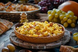 ai generado tradicional Español Migas en loza de barro plato en medio de rústico viñedo ajuste - un gusto de patrimonio foto