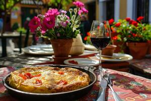 ai generado recién preparado Español tortilla tortilla con vibrante flores en un soleado campo ajuste foto