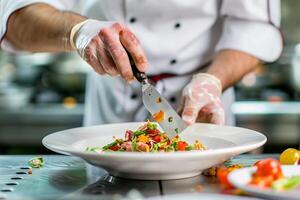 ai generado experto cocinero delicadamente agregando final toques a un Fresco ensalada, Perfecto para artículos en sano cocina y Cocinando clases foto