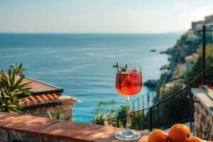 ai generado bebiendo sangría en un techo terraza con vista a el sereno mar - ideal para viaje y estilo de vida temas foto