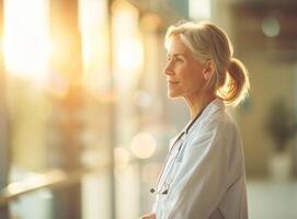 AI generated Confident Senior Female Doctor in Hospital Corridor Representing Healthcare Professionals photo