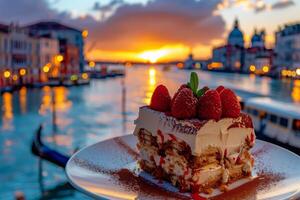 AI generated Classic Tiramisu Dessert Adorned with Fresh Strawberries Overlooking Venice's Grand Canal at Twilight for Romance and Gourmet Concepts photo