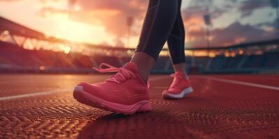 AI generated Determined Runner at Sunset on Track Field - A Story of Athletic Perseverance and Training photo