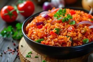 AI generated Aromatic Malian Jollof Rice Served in a Traditional Clay Pot photo