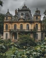 ai generado majestuoso histórico mansión anidado en verde bosque - ideal para período dramas y lujo temas foto