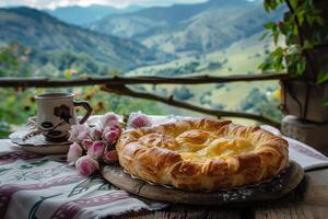 ai generado abundante tradicional búlgaro banitsa Pastelería en un rústico mesa con pintoresco montaña ver foto