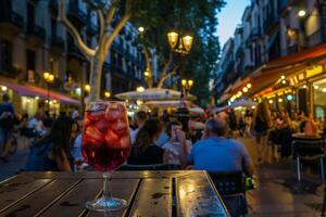 AI generated Refreshing Tinto de Verano Cocktail with Barcelona's Bustling Street Life Perfect for Summer and Lifestyle Themes photo