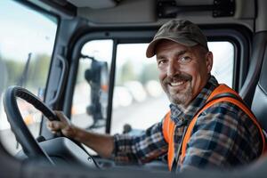 AI generated Experienced Truck Driver in Reflective Gear Ready for Transport Work, Great for Logistic and Commercial Driving Themes photo